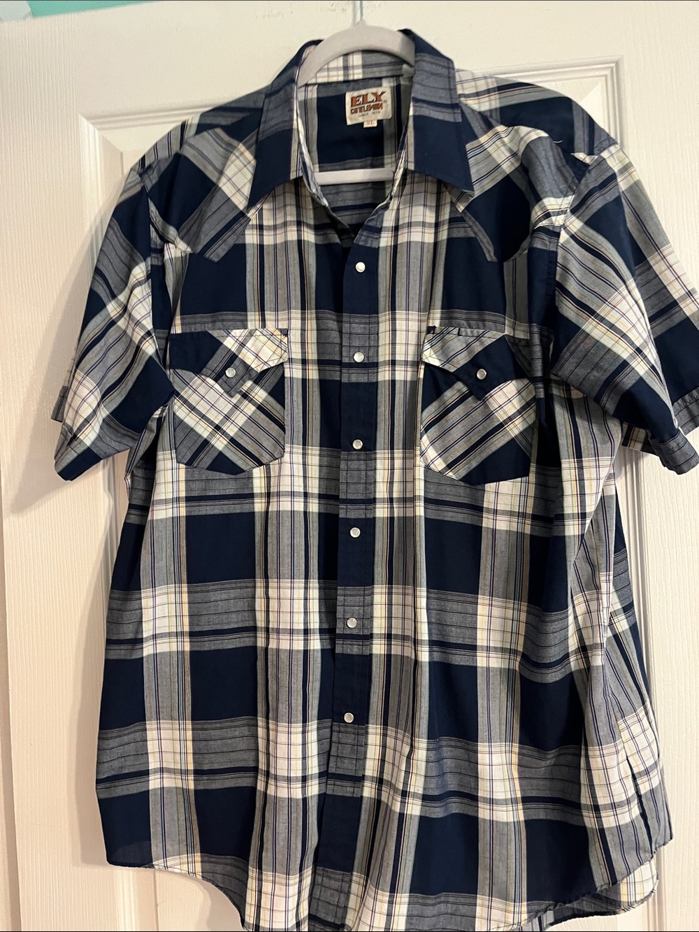 Ely Cattleman Navy and White Plaid Short Sleeve Button-Down Shirt